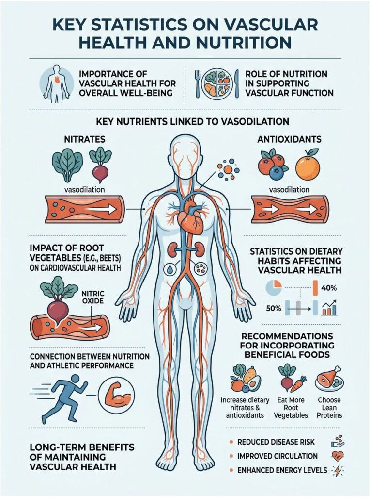 Infographic showing key statistics on vascular health, nutrients, and dietary recommendations with illustrations and data points.