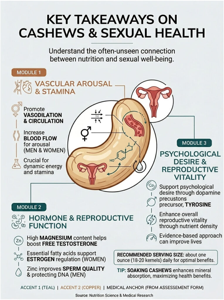Infographic detailing the connection between cashews and sexual health, featuring modules on vascular arousal, hormones, and psychology.