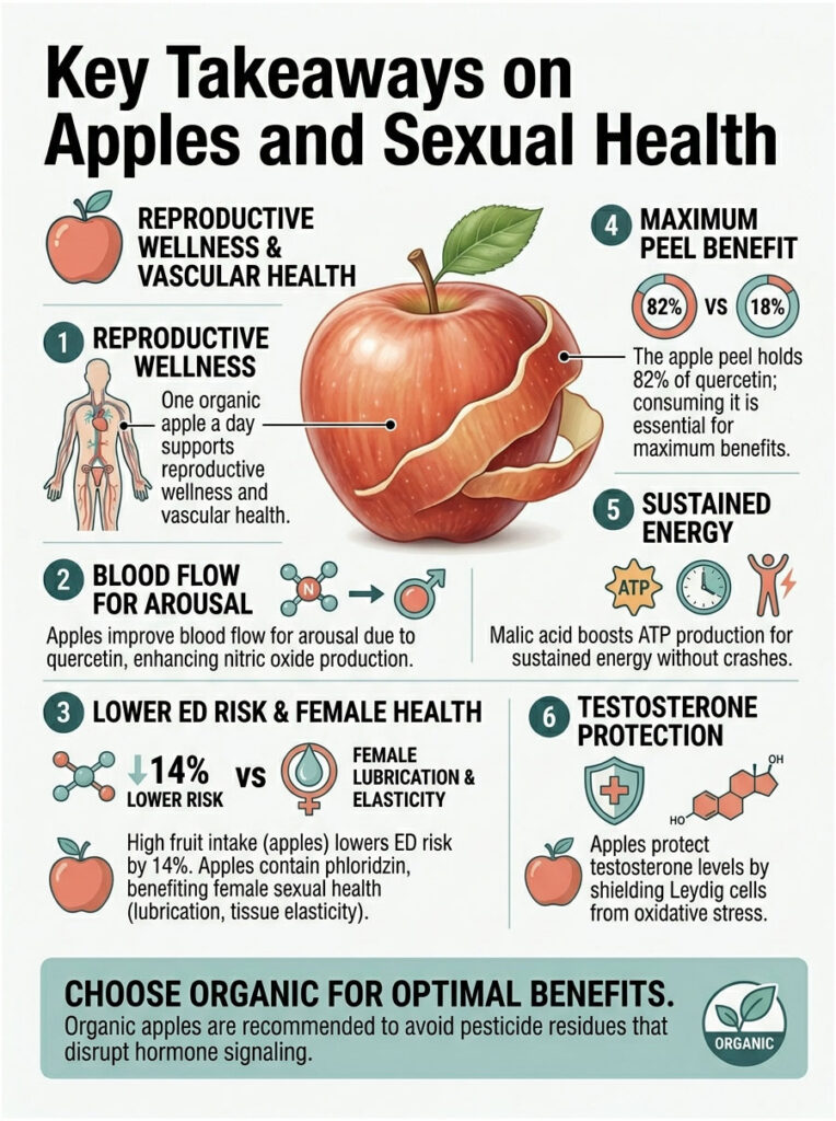 Infographic detailing health benefits of apples, including reproductive wellness, blood flow, and testosterone protection.