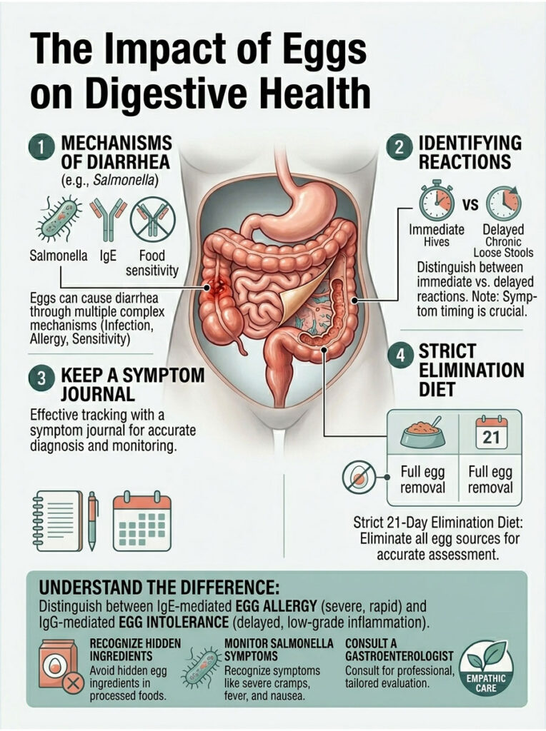 Infographic showing the impact of eggs on digestive health, detailing diarrhea mechanisms, reactions, and elimination diet.