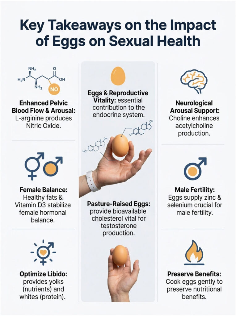 Infographic detailing the impact of eggs on sexual health with text and illustrations on benefits and nutrients.