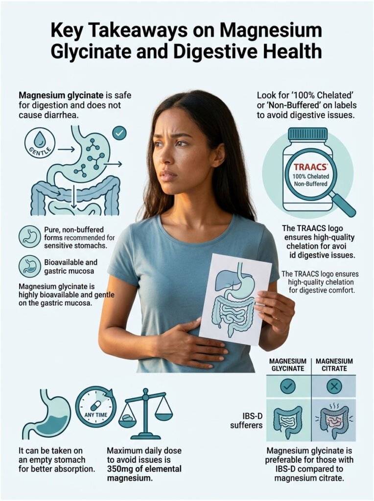 Infographic on magnesium glycinate benefits for digestion, featuring a woman holding a diagram and key points.