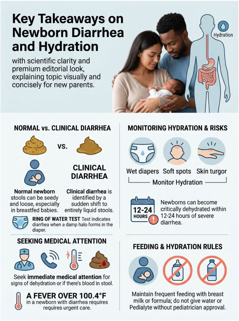 Infographic showing key takeaways on newborn diarrhea and hydration, including charts and icons for monitoring signs.