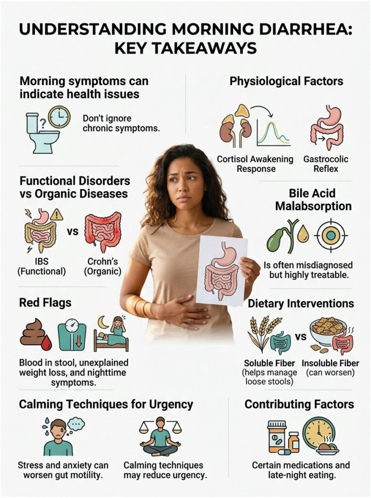 Infographic on morning diarrhea featuring key takeaways, symptoms, and dietary interventions with illustrations.