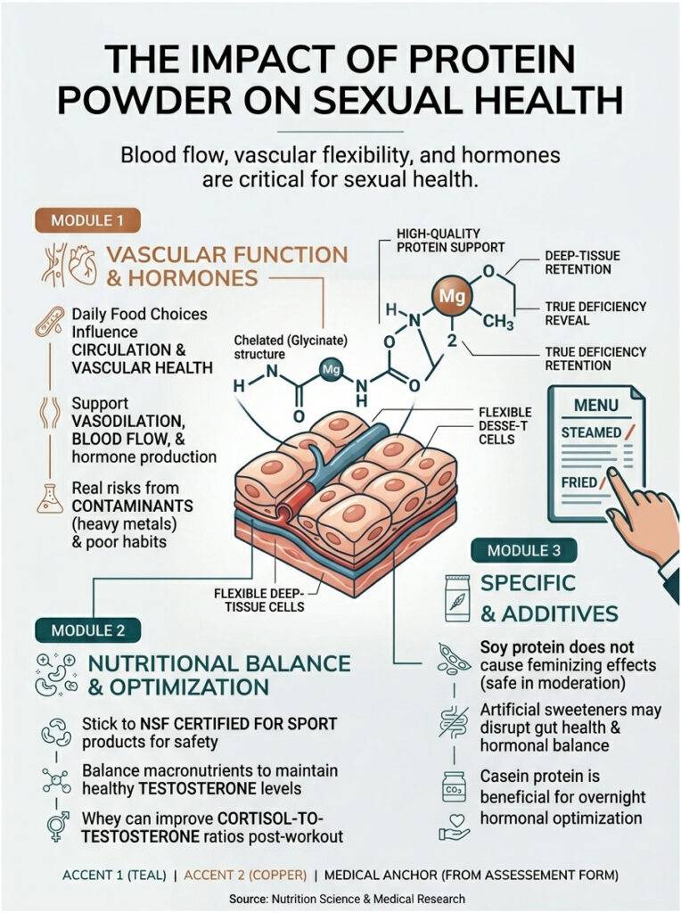 Infographic showing the impact of protein powder on sexual health with modules on vascular function, nutrition, and additives.
