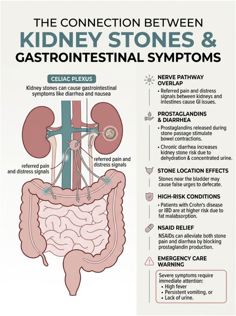 Infographic showing the connection between kidney stones and gastrointestinal symptoms, including diagrams and text explanations.