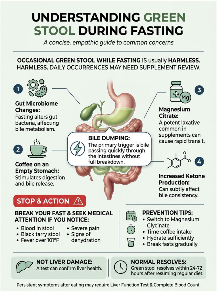 Infographic explaining green stool during fasting, featuring gut microbiome changes, bile dumping, and prevention tips.