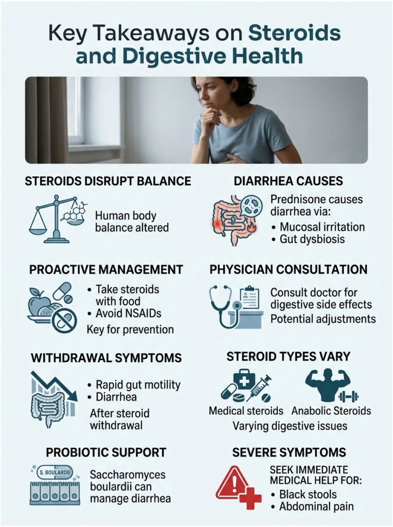 Infographic detailing key takeaways on steroids and digestive health with icons and text on symptoms and management strategies.