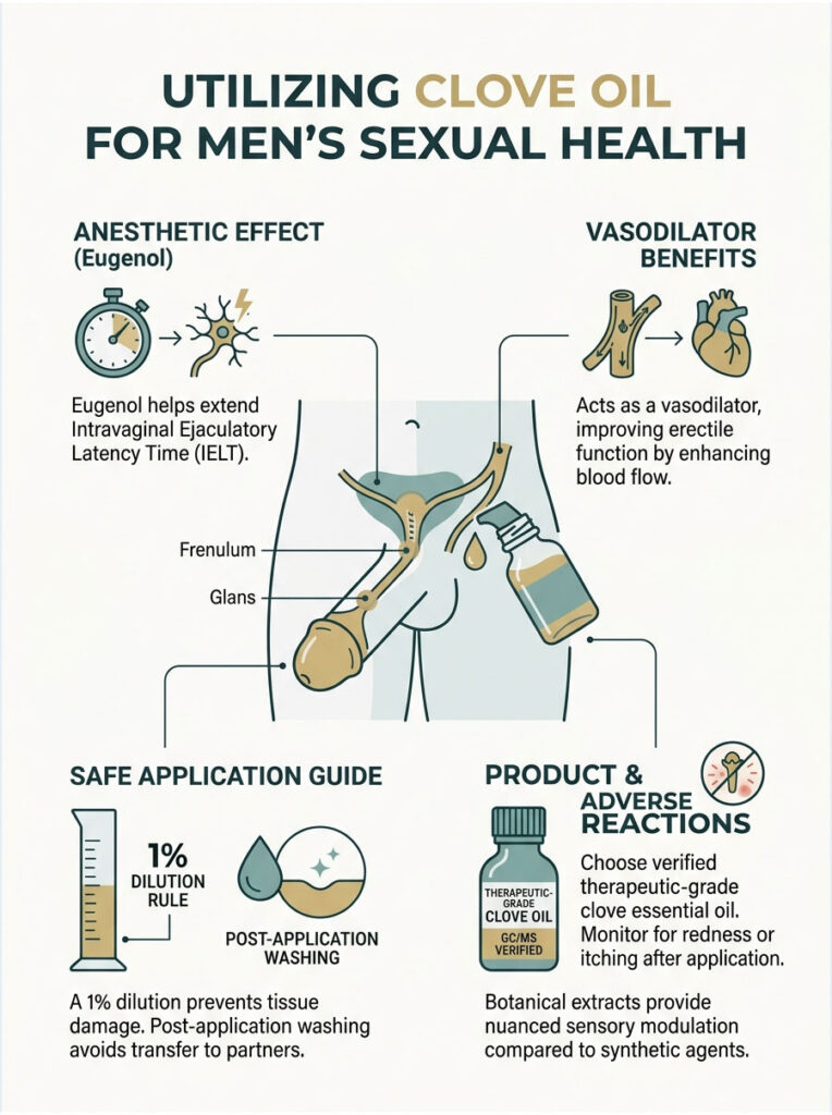 Infographic detailing clove oil benefits for men's sexual health, including anesthetic effects and safe application guide.