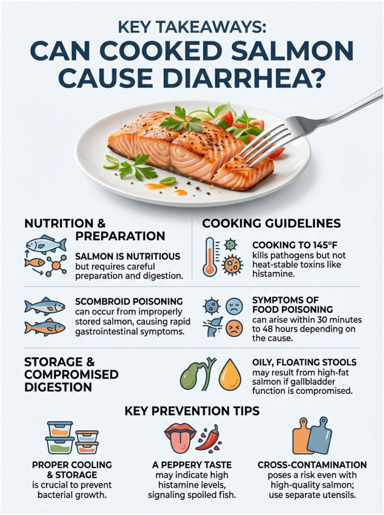 Infographic explaining if cooked salmon can cause diarrhea, with sections on nutrition, cooking guidelines, and prevention tips.