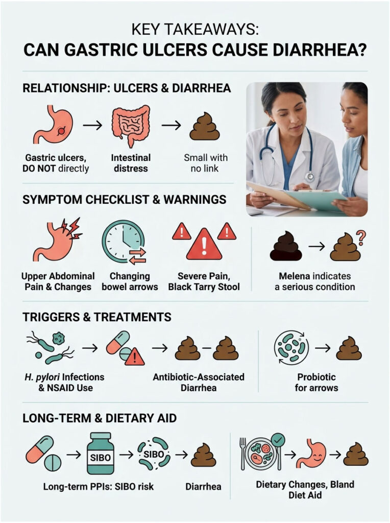 Infographic showing the relationship between gastric ulcers and diarrhea, with symptoms, triggers, and dietary aids.