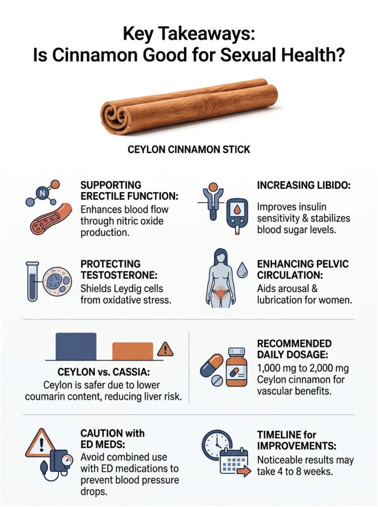 Infographic on cinnamon's benefits for sexual health, featuring Ceylon cinnamon stick and key health points.