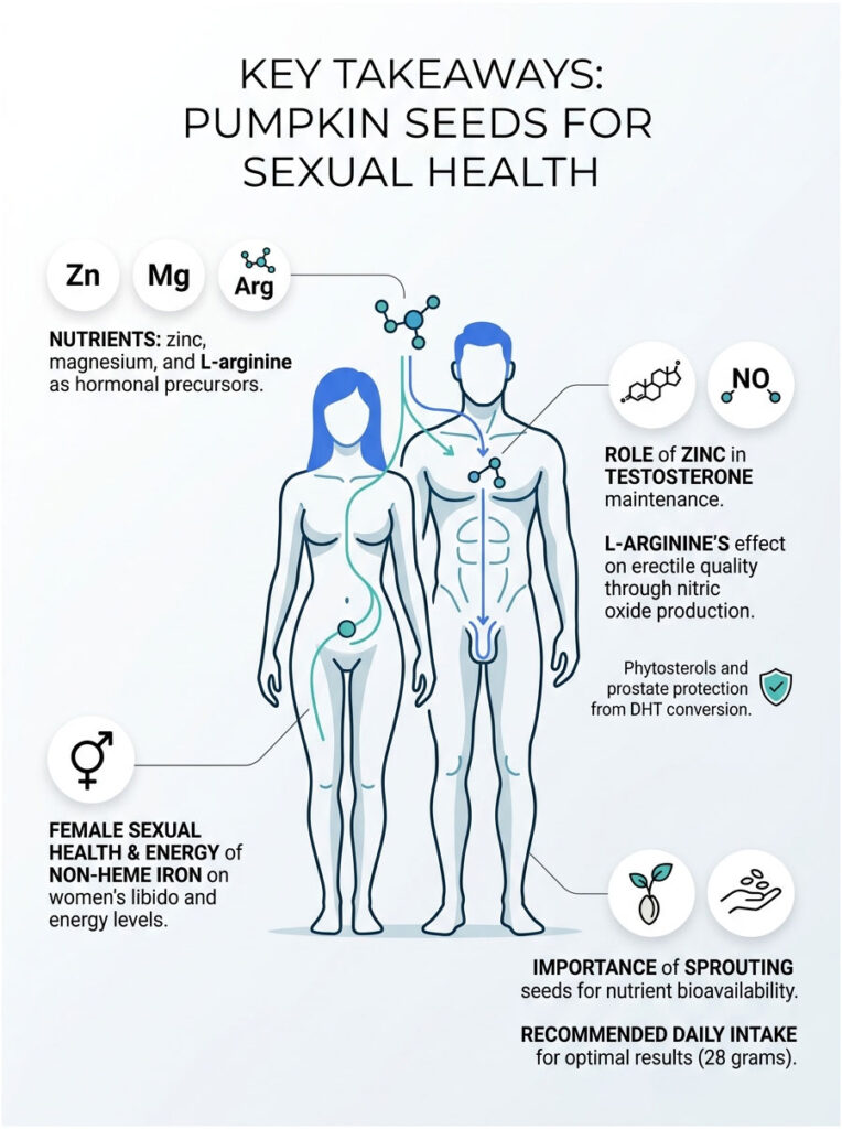 Infographic showing pumpkin seeds' benefits for sexual health with nutrients, male and female figures, and key data points.