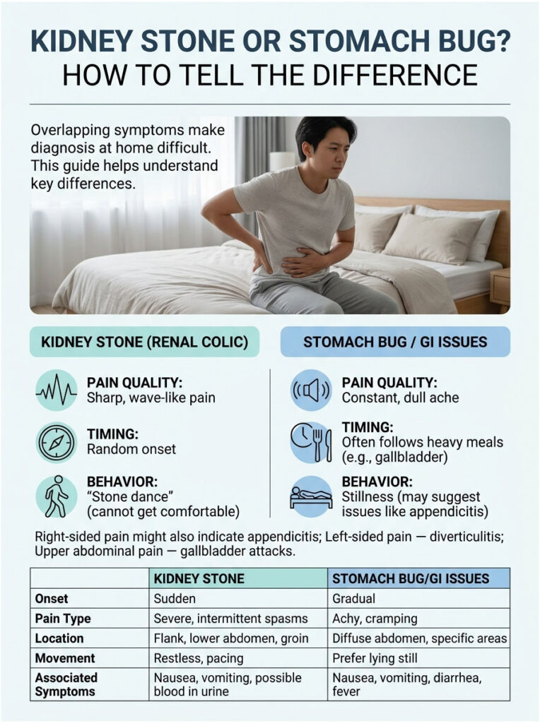 Infographic comparing kidney stone and stomach bug symptoms, detailing pain quality, timing, and behavior differences.