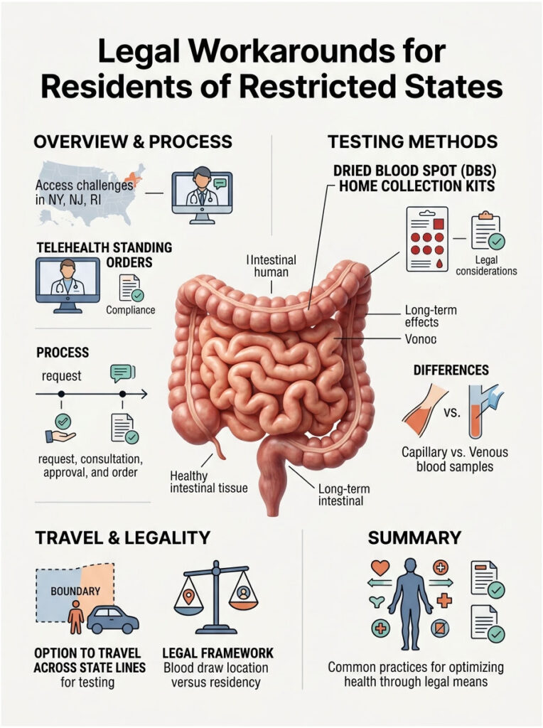 Infographic detailing legal workarounds for residents in restricted states, featuring charts and illustrations of testing methods.