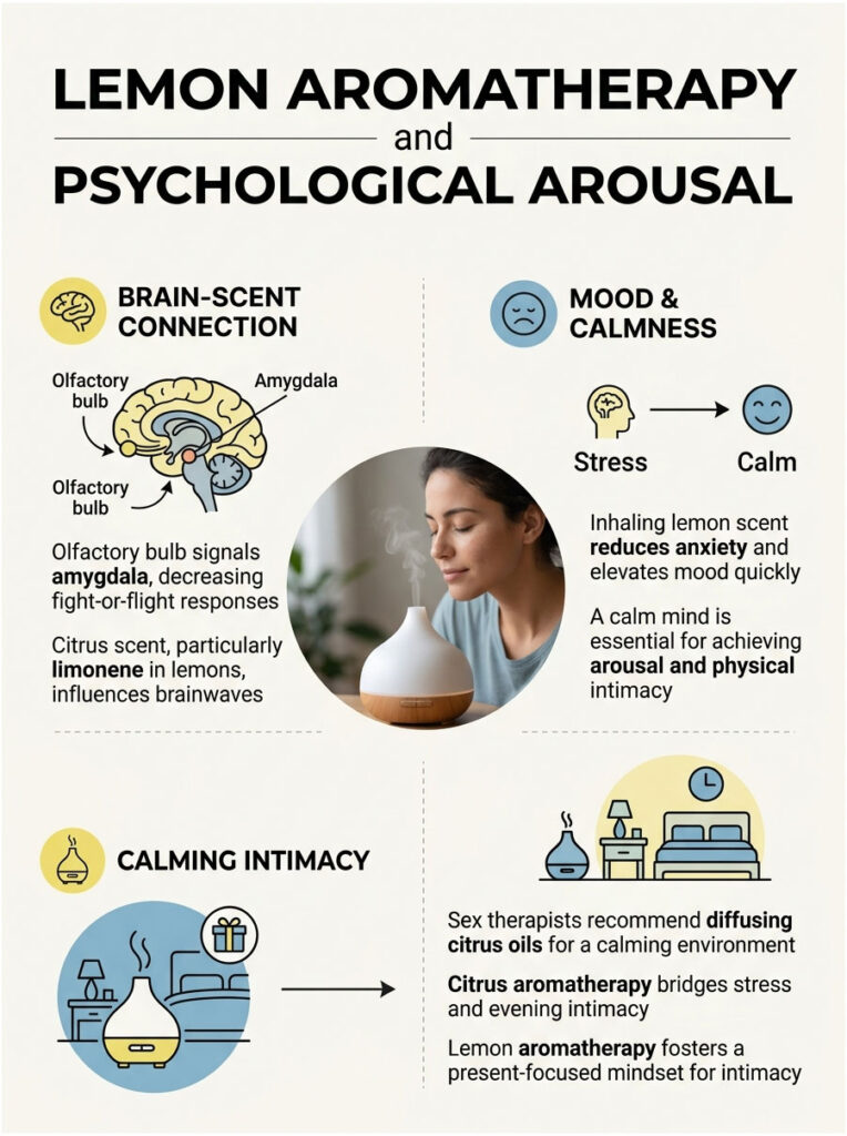 Infographic showing lemon aromatherapy effects on mood, brain connection, and calming intimacy with illustrations and text.