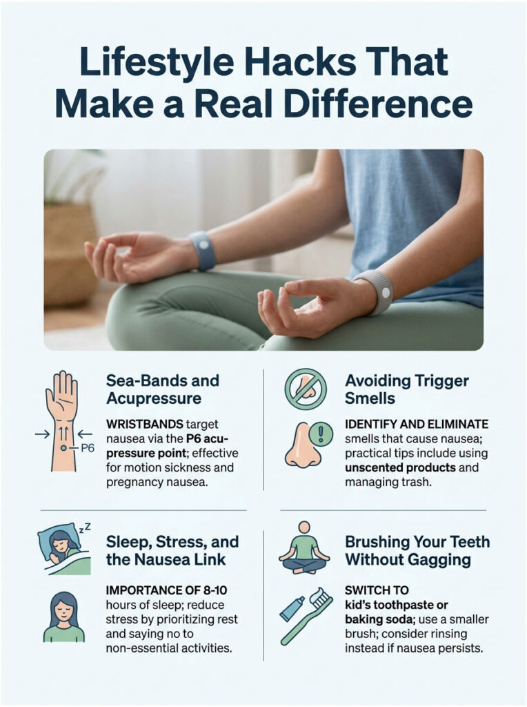 Infographic showing lifestyle hacks for nausea relief, including acupressure, sleep tips, and avoiding triggers.