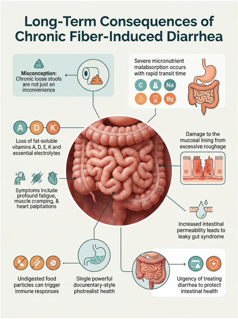 Infographic on chronic fiber-induced diarrhea, showing symptoms, nutrient loss, and gut health impacts.