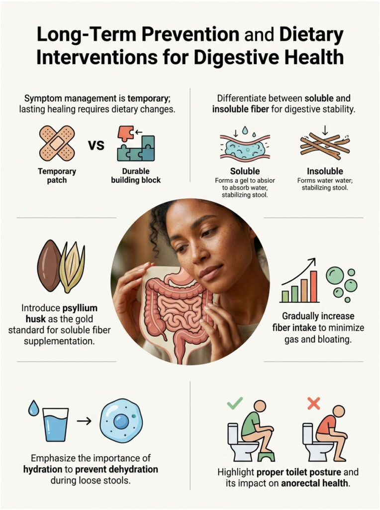 Infographic on digestive health interventions showing fiber types, hydration importance, and toilet posture tips.