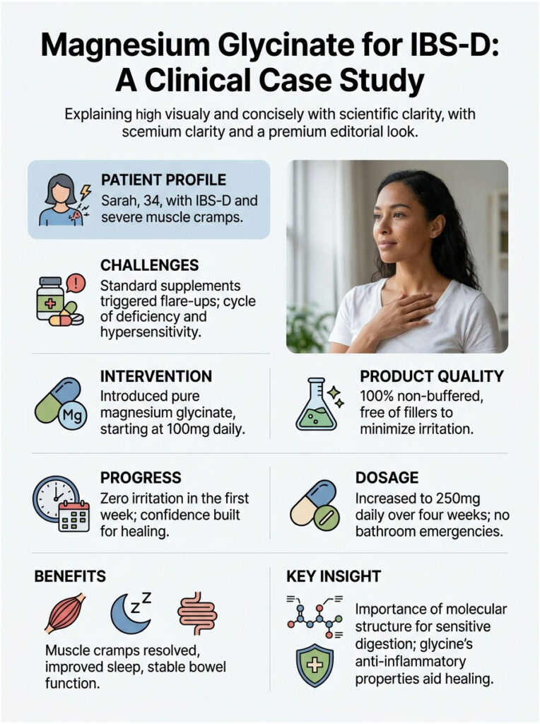 Infographic detailing a clinical case study on magnesium glycinate for IBS-D, featuring patient profile and benefits.