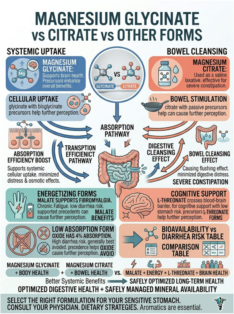 Infographic comparing magnesium glycinate, citrate, and other forms with charts on absorption and benefits.