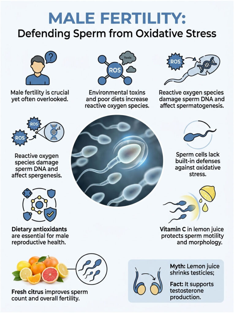 Infographic on male fertility, highlighting oxidative stress effects on sperm and dietary antioxidants' benefits.