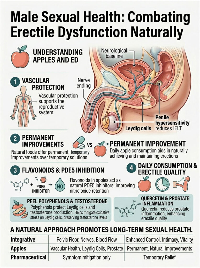Infographic illustrating male sexual health and natural remedies for erectile dysfunction, featuring anatomical diagrams and key points.