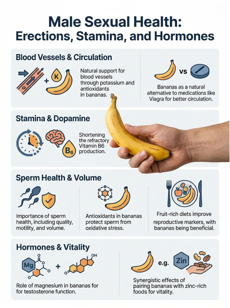Infographic on male sexual health featuring bananas, blood vessels, sperm health, and hormones with icons and text.