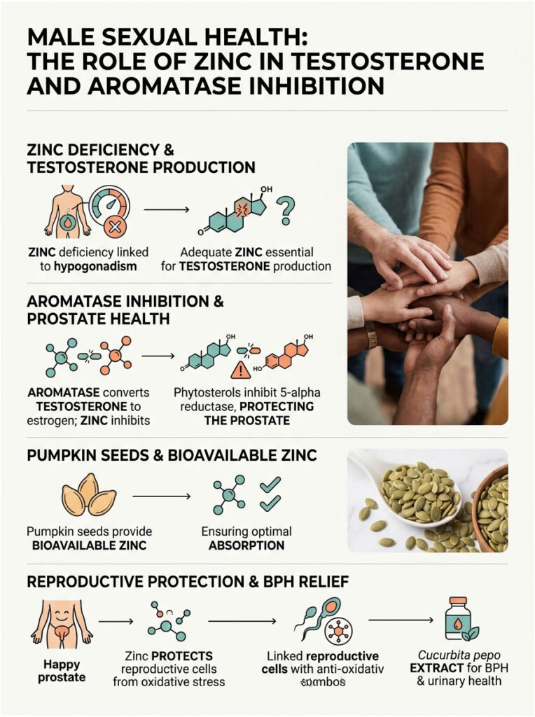 Infographic on male sexual health highlighting zinc's role in testosterone production and prostate health.