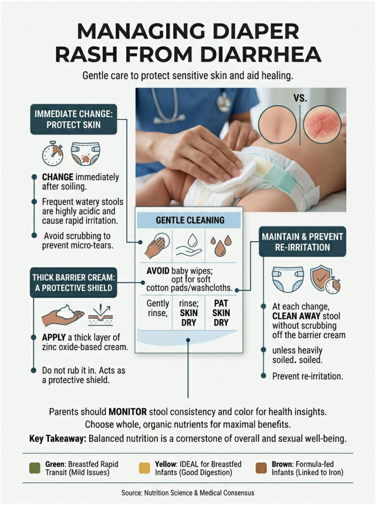 Infographic on managing diaper rash from diarrhea with care tips, illustrations, and color-coded stool guidelines.