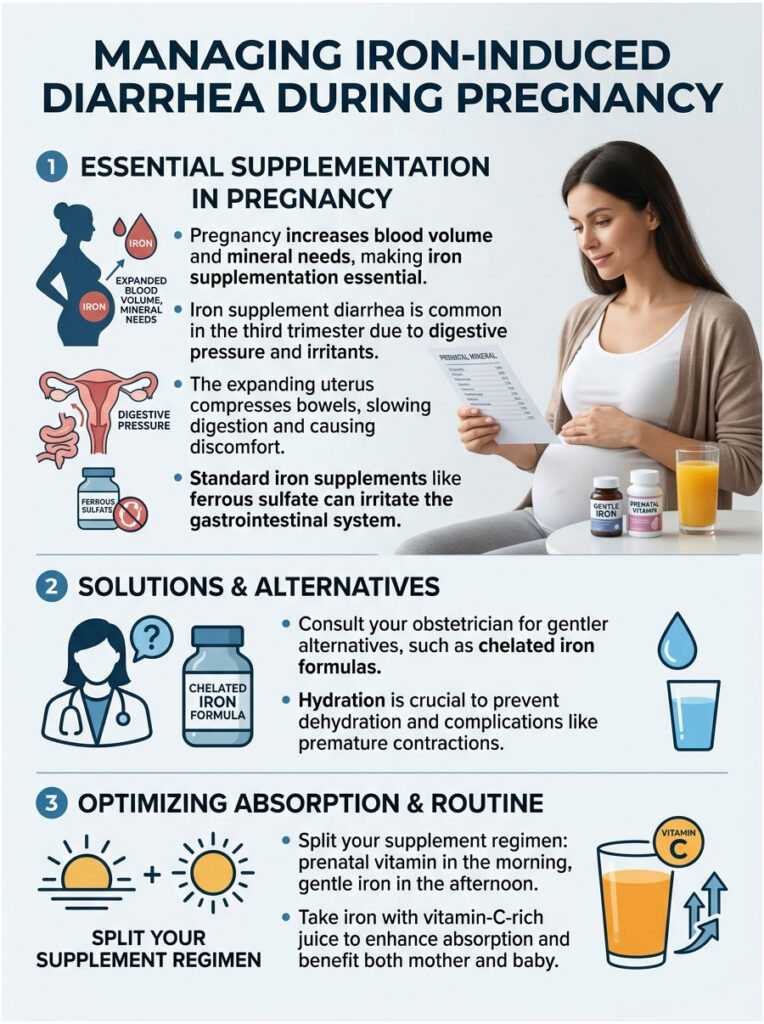 Infographic on managing iron-induced diarrhea during pregnancy, featuring key points and illustrations of supplements and hydration.