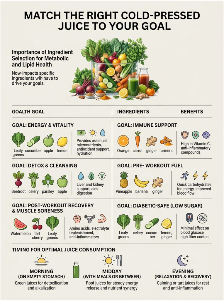 Infographic showing cold-pressed juice options for health goals with ingredients and benefits listed.