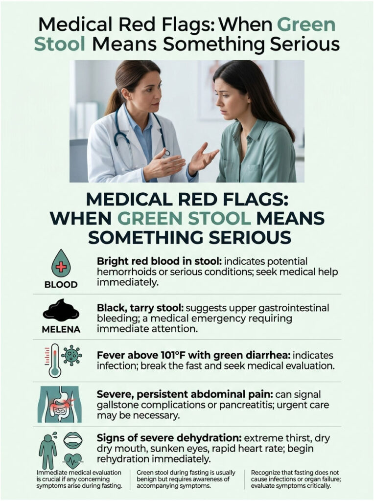 Medical infographic detailing red flags of green stool, including symptoms and conditions to seek help for.