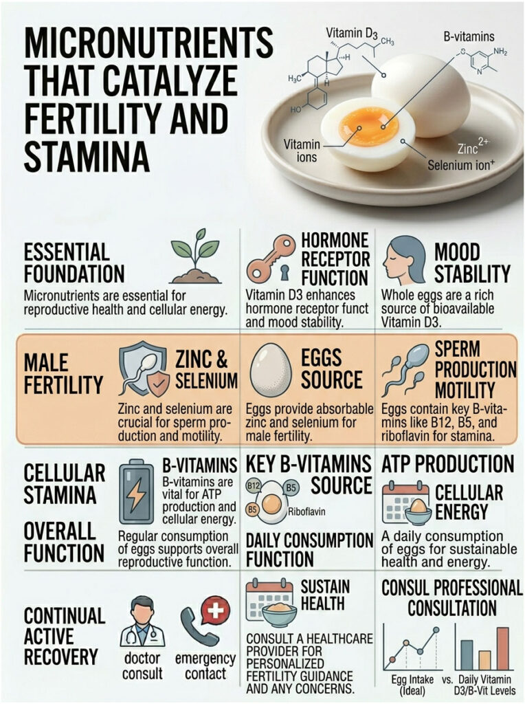Infographic showing micronutrients for fertility and stamina, highlighting vitamins, eggs, and health benefits.