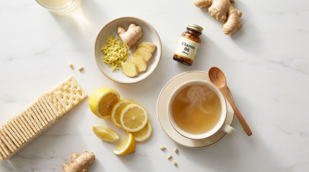 A cup of steaming tea with lemon slices, ginger, and vitamin B6 on a marble surface.