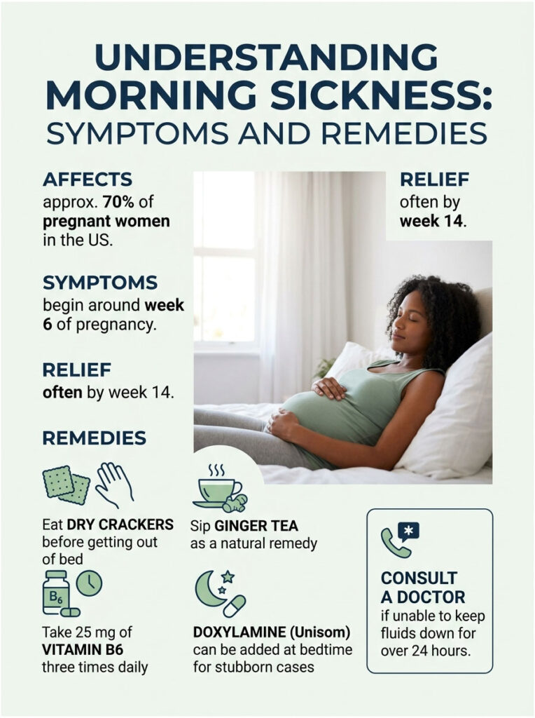 Infographic on morning sickness symptoms and remedies, featuring a pregnant woman and key information on relief and remedies.