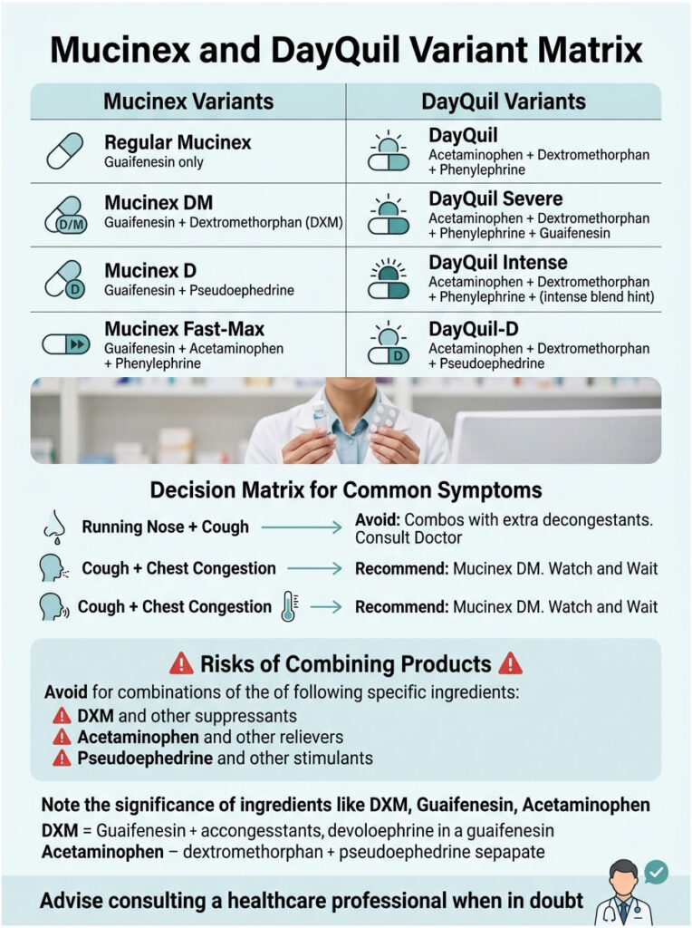 Infographic comparing Mucinex and DayQuil variants with decision matrix for symptoms and risks of combining products.