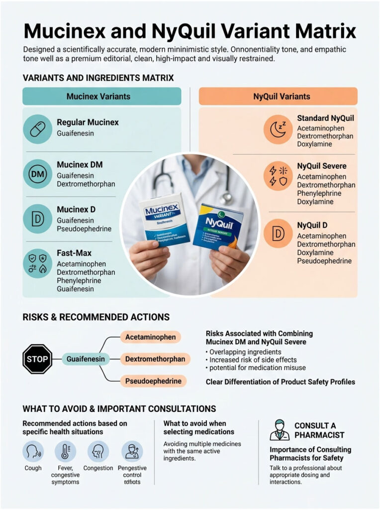 Infographic comparing Mucinex and NyQuil variants with ingredients, risks, and recommendations for safe use.