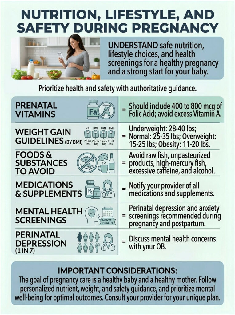 Infographic on nutrition, lifestyle, and safety during pregnancy with guidelines and key recommendations.