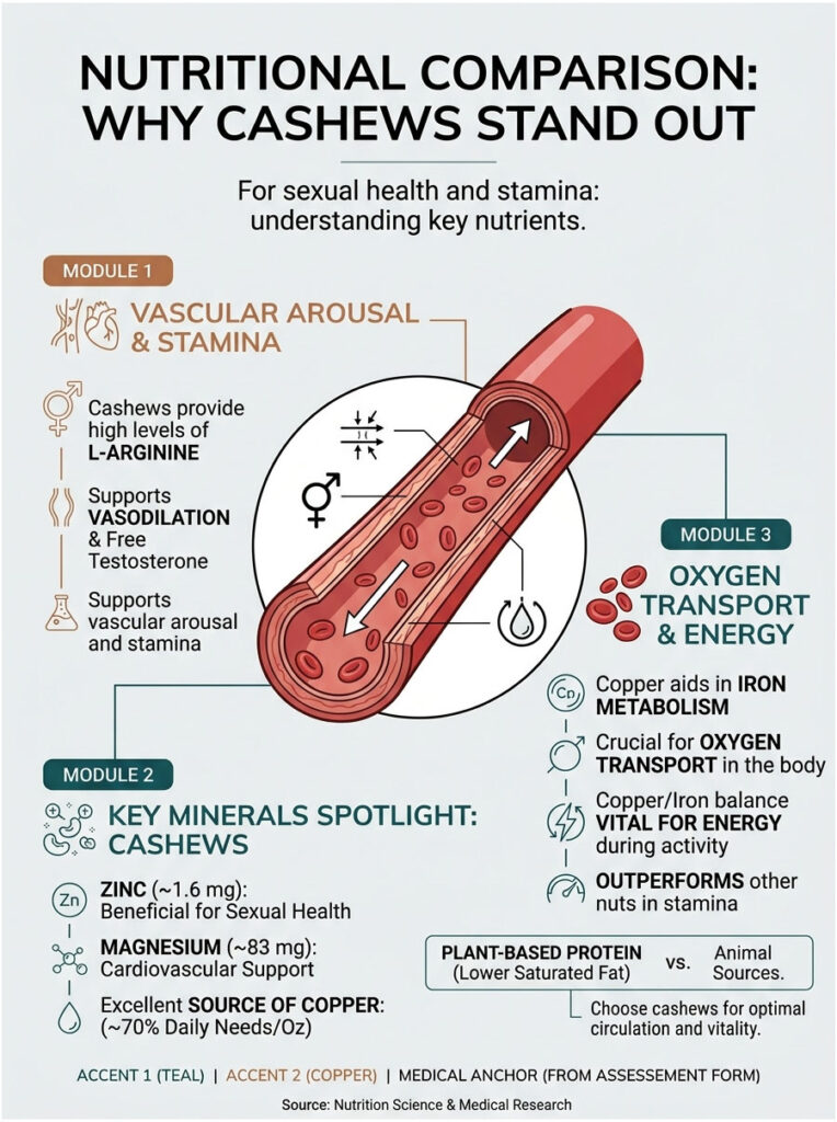 Infographic comparing nutritional benefits of cashews for sexual health, stamina, and key nutrients like L-arginine and copper.