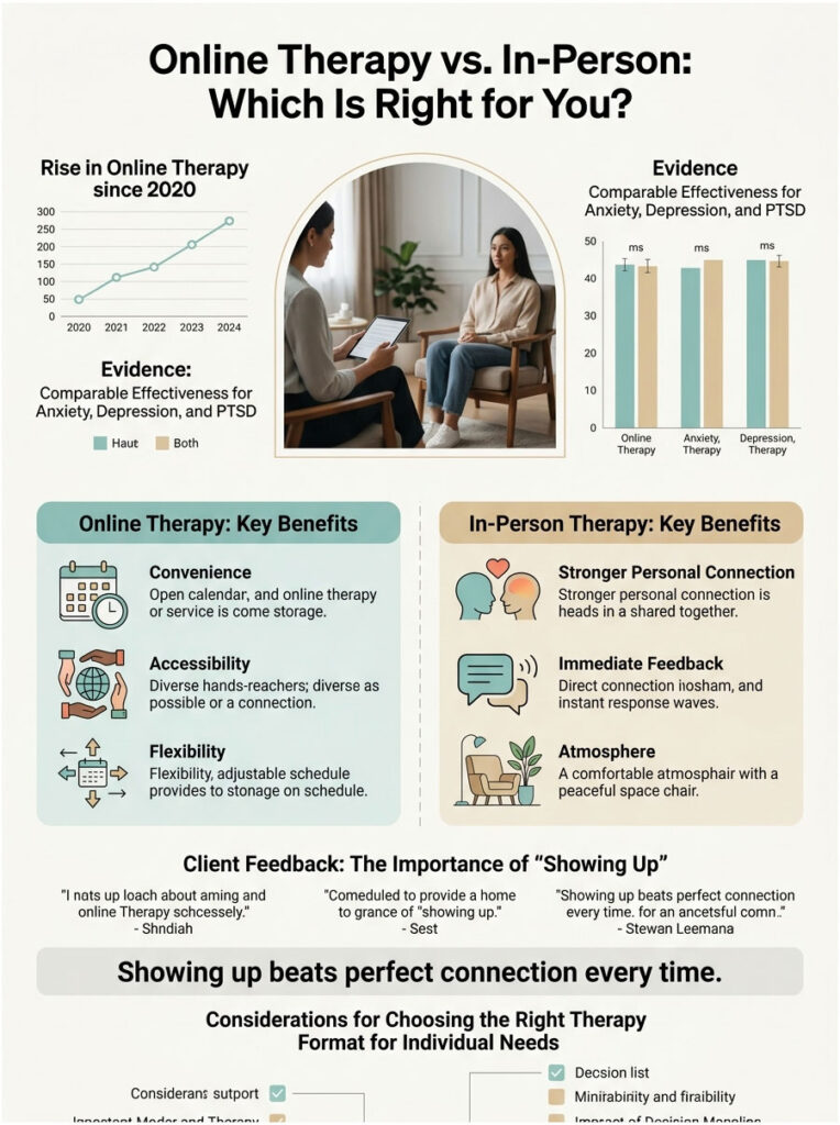Infographic comparing online therapy and in-person therapy benefits, effectiveness, and client feedback.