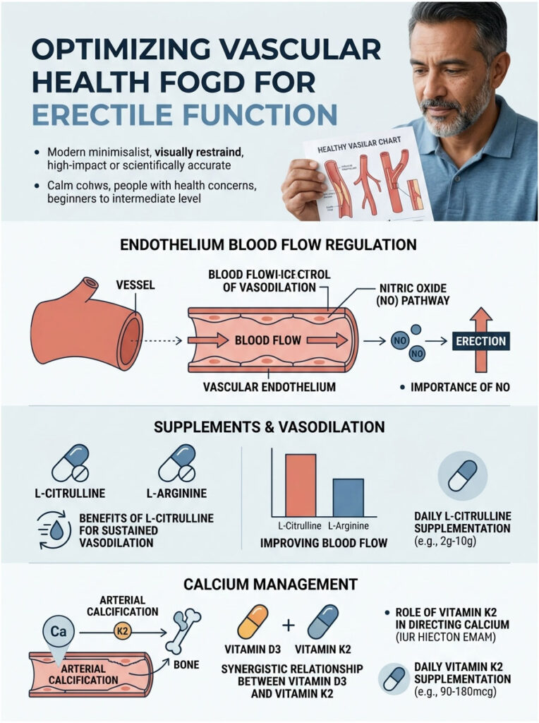 Infographic on optimizing vascular health for erectile function, detailing blood flow regulation, supplements, and calcium management.