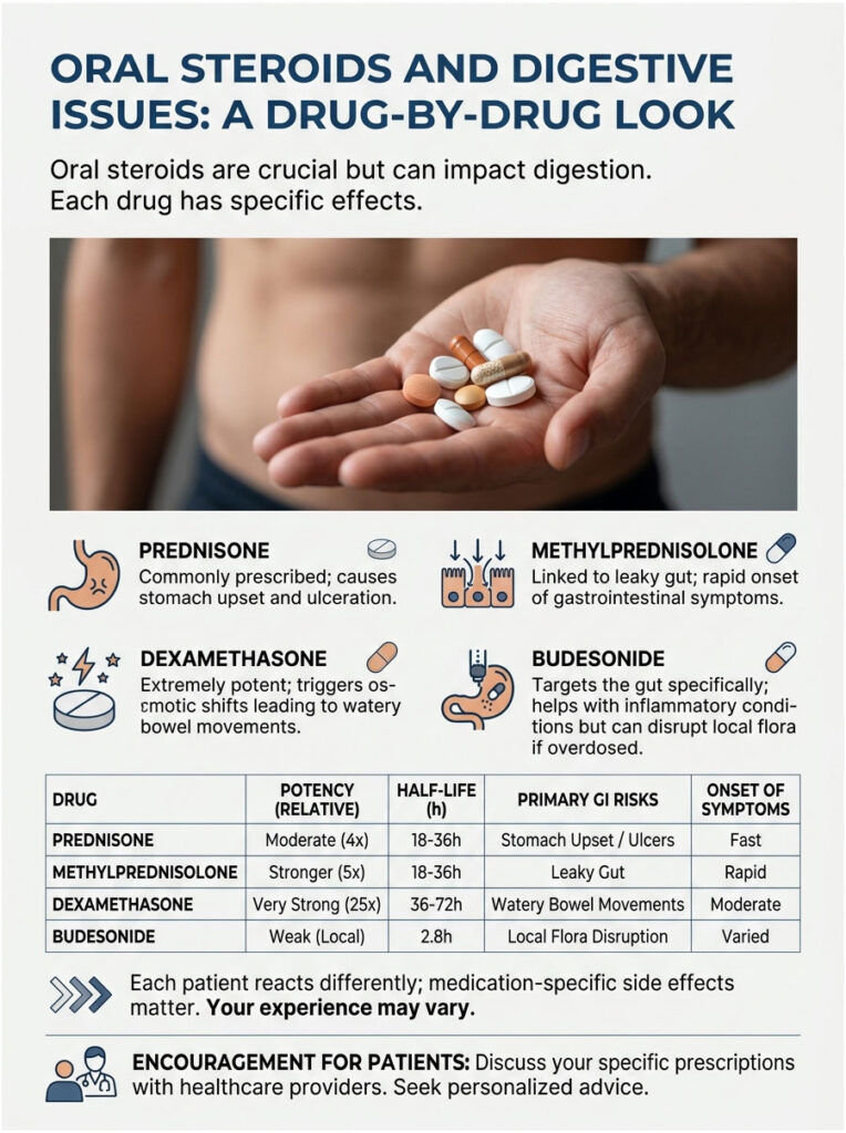Infographic showing oral steroids and digestive issues, detailing drugs, effects, and risks with icons and charts.