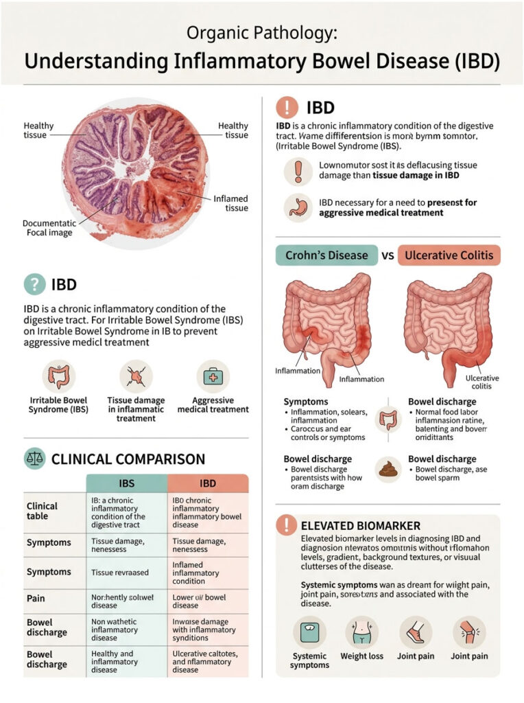 Infographic explaining Inflammatory Bowel Disease with charts on symptoms, types, and clinical comparisons.