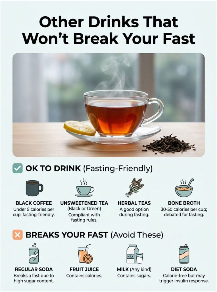 Infographic showing drinks that won't break a fast, featuring tea, coffee, and bone broth with icons.