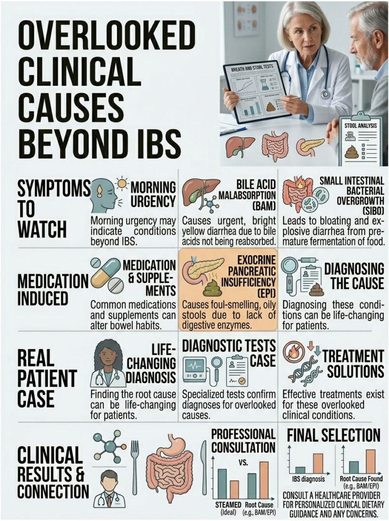 Infographic detailing overlooked clinical causes beyond IBS, including symptoms, diagnoses, and treatment options.