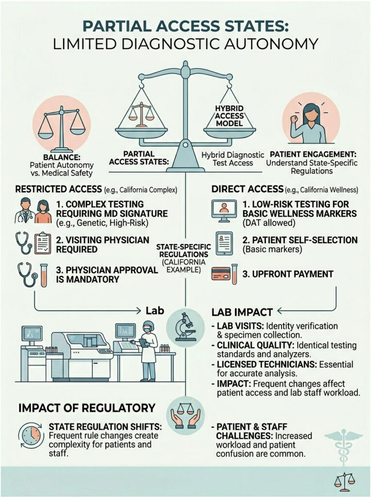 Infographic showing partial access states with charts on diagnostic autonomy, testing requirements, and lab impact.