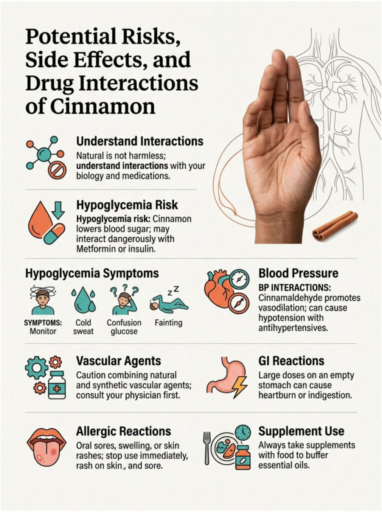 Infographic detailing risks, side effects, and interactions of cinnamon, featuring icons and text on health impacts.