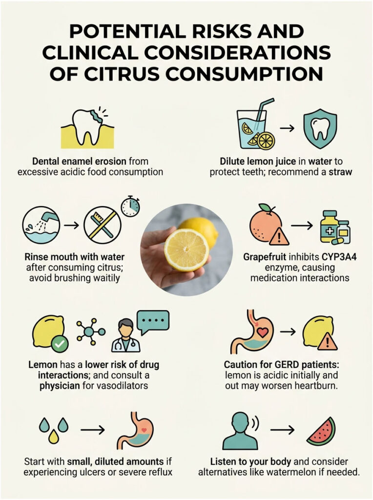 Infographic detailing risks of citrus consumption, including dental erosion, medication interactions, and health tips.