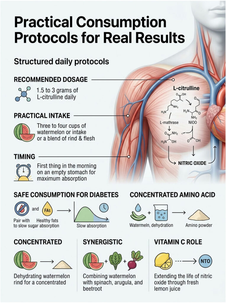 Infographic detailing practical consumption protocols for L-citrulline, including dosage, intake, and timing.